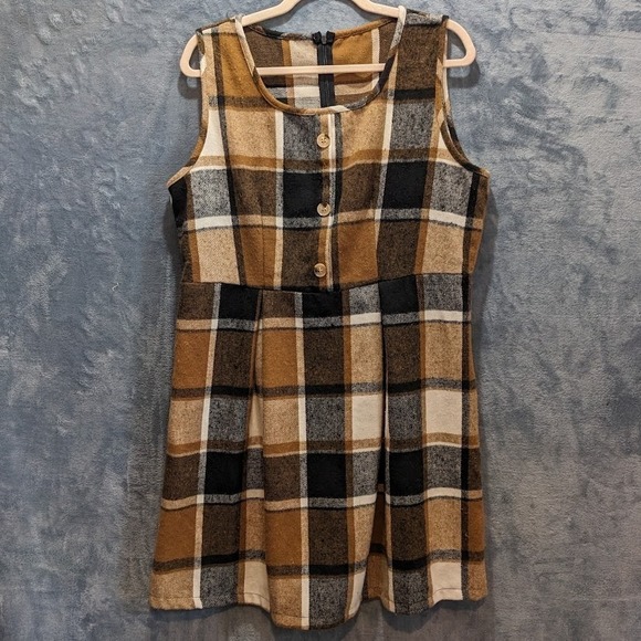 The Unbranded Brand Dresses & Skirts - Plaid Pleated Sleeveless Dress Brown White Black XL‎ Y2K Clueless Flannel Soft